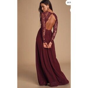 Lulu’s Awaken My Love Burgundy Long Sleeve Lace Maxi Dress Small
